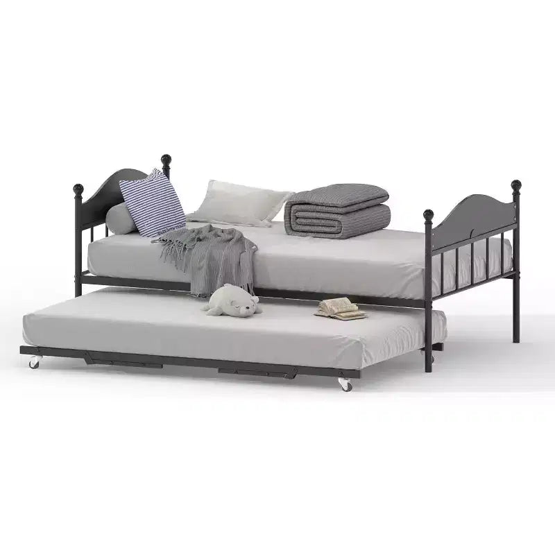 Lit de jour avec lit gigogne relevable, cadre de lit simple en métal avec tête de lit convertible canapé-lit, support à lattes en acier renforcé, marron rustique