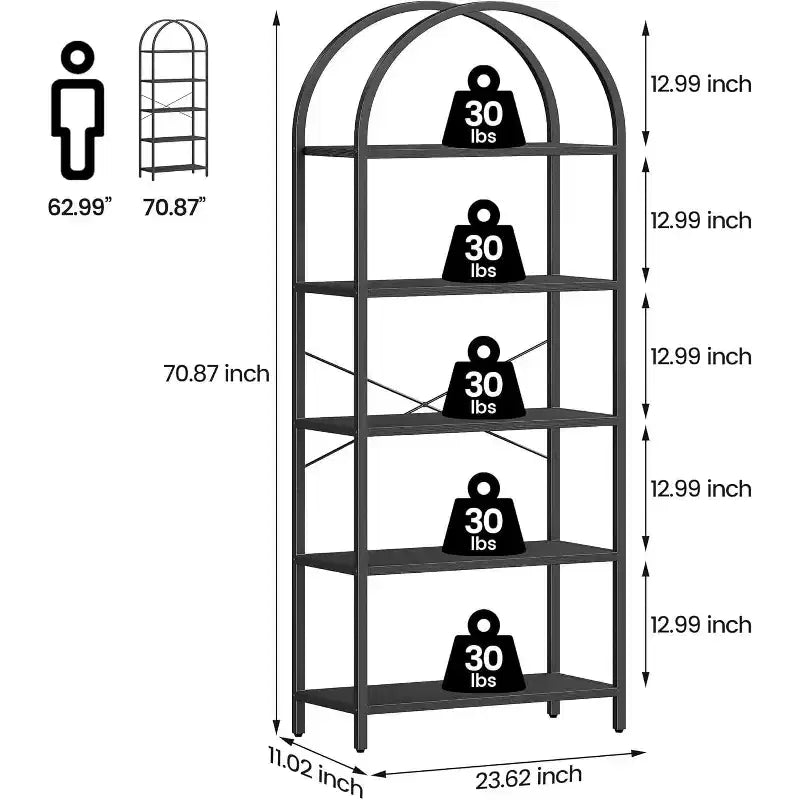 Étagère ouverte à 5 niveaux avec arche, bibliothèque moderne avec cadre métallique, étagère de rangement autoportante pour chambre, salon, bureau.