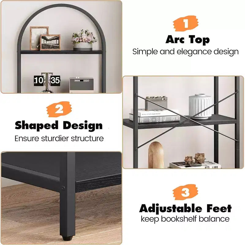 Étagère ouverte à 5 niveaux avec arche, bibliothèque moderne avec cadre métallique, étagère de rangement autoportante pour chambre, salon, bureau.