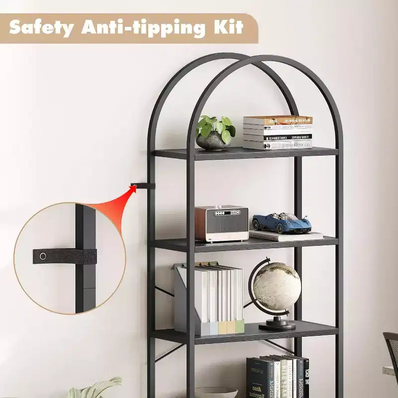 Étagère ouverte à 5 niveaux avec arche, bibliothèque moderne avec cadre métallique, étagère de rangement autoportante pour chambre, salon, bureau.