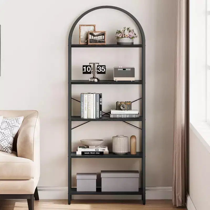 Étagère ouverte à 5 niveaux avec arche, bibliothèque moderne avec cadre métallique, étagère de rangement autoportante pour chambre, salon, bureau.