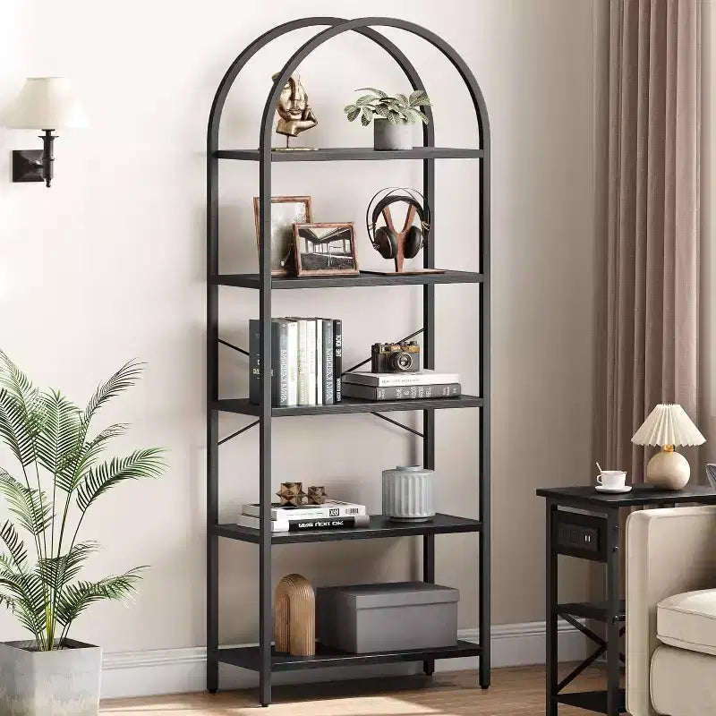 Étagère ouverte à 5 niveaux avec arche, bibliothèque moderne avec cadre métallique, étagère de rangement autoportante pour chambre, salon, bureau.