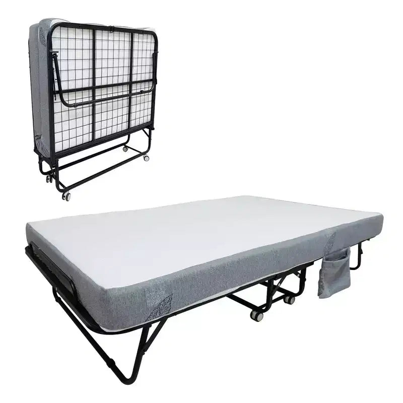 Coolmee Folding Bed with Mattress, Portable Foldable Bed on Wheels with Side Storage Pocket for Office, Bedroom, Space Saving, Easy Storage