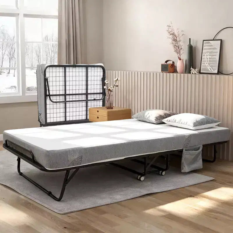 Lit pliant avec matelas, lit portable pliable sur roulettes avec poche latérale de rangement pour bureau, chambre, gain de place, rangement facile