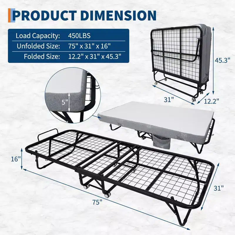 Lit pliant avec matelas, lit portable pliable sur roulettes avec poche latérale de rangement pour bureau, chambre, gain de place, rangement facile