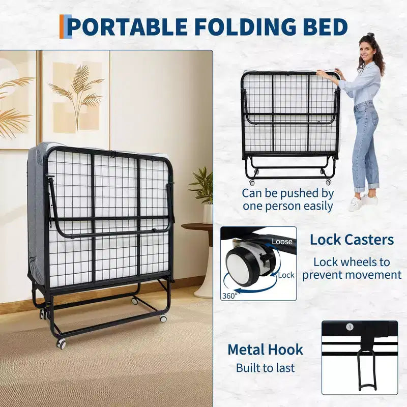 Lit pliant avec matelas, lit portable pliable sur roulettes avec poche latérale de rangement pour bureau, chambre, gain de place, rangement facile
