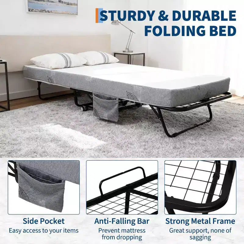 Lit pliant avec matelas, lit portable pliable sur roulettes avec poche latérale de rangement pour bureau, chambre, gain de place, rangement facile