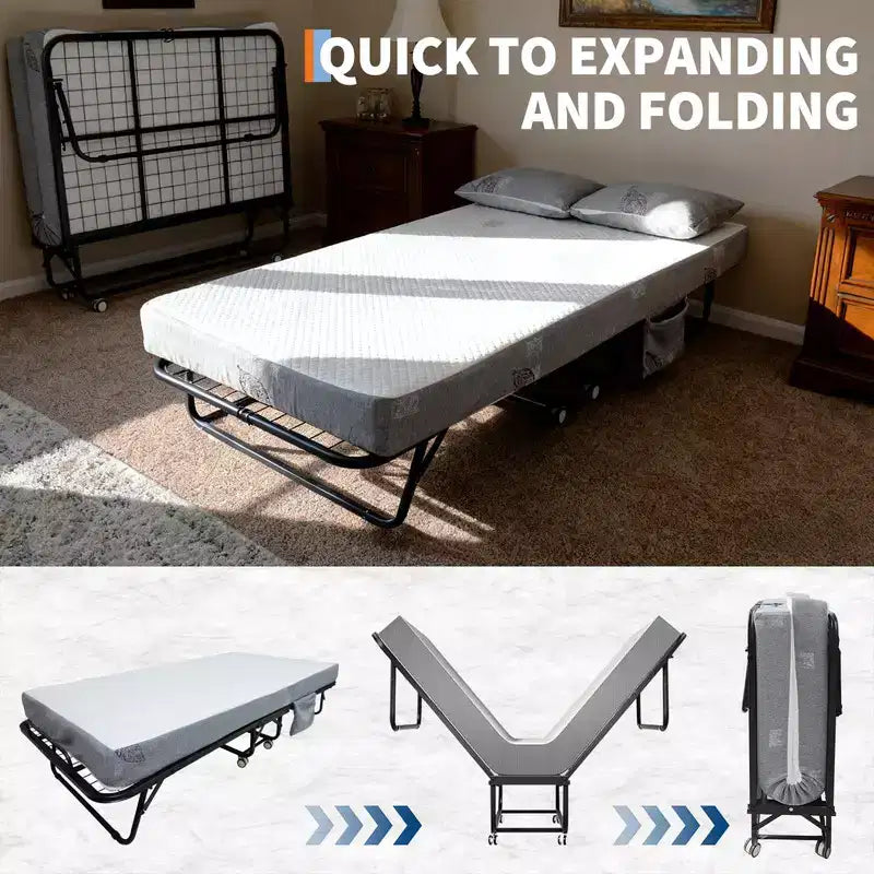 Lit pliant avec matelas, lit portable pliable sur roulettes avec poche latérale de rangement pour bureau, chambre, gain de place, rangement facile