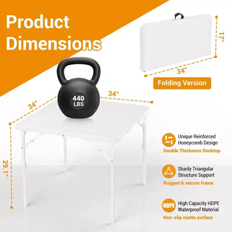 Table carrée pliable de 34 pouces, table de carte pliable multifonctionnelle et portable avec poignée de transport pour utilisation intérieure, extérieure et en camping, plateau en plastique