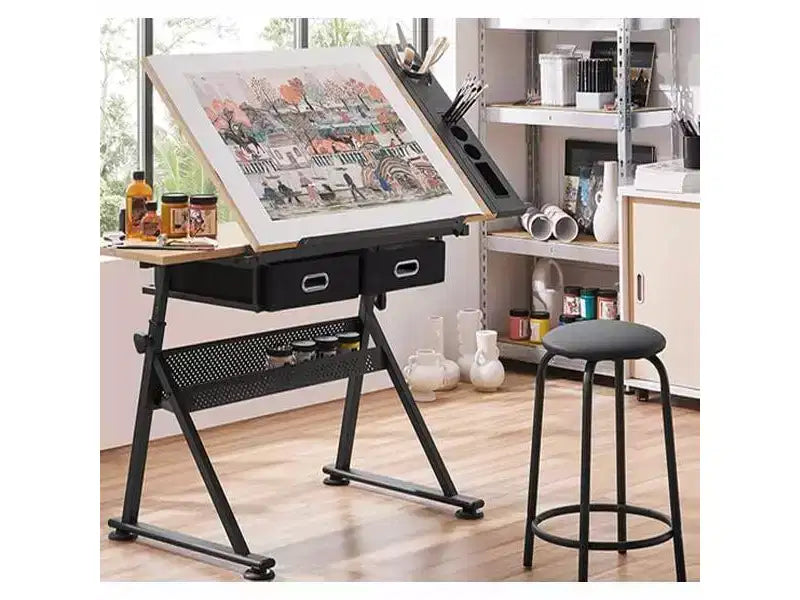 Height Adjustable Drafting Table, 0-75 Tilting Drawing Table Art Desk for Adults, Artist Desk with 2 Storage Drawers with Stool for Home Office