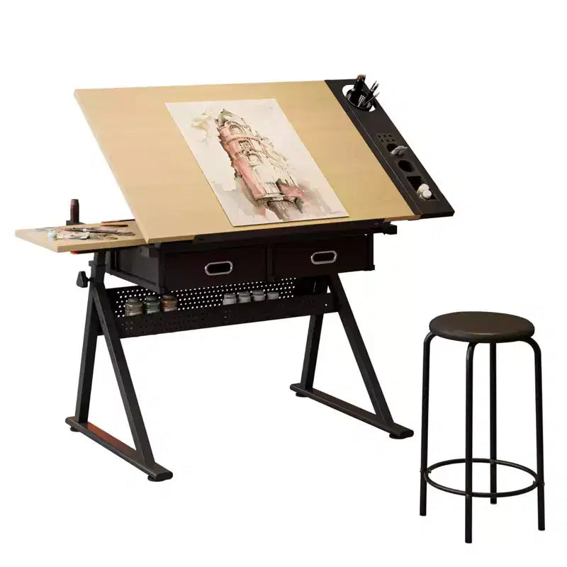 Table à dessin réglable en hauteur, table à dessin inclinable de 0 à 75° pour adultes, bureau d'artiste avec 2 tiroirs de rangement et tabouret pour bureau à domicile
