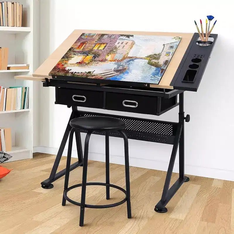 Table à dessin réglable en hauteur, table à dessin inclinable de 0 à 75° pour adultes, bureau d'artiste avec 2 tiroirs de rangement et tabouret pour bureau à domicile