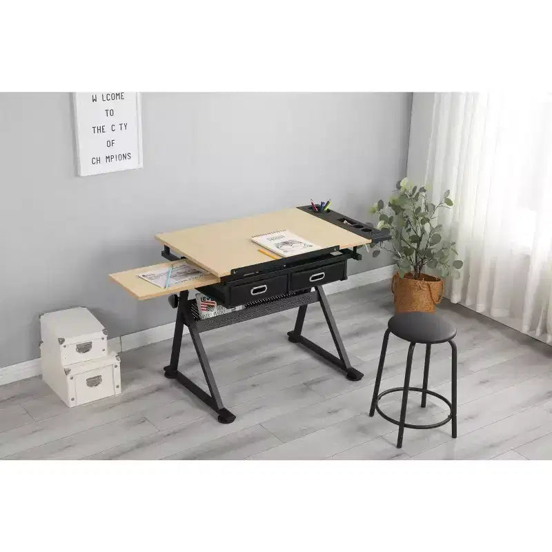 Table à dessin réglable en hauteur, table à dessin inclinable de 0 à 75° pour adultes, bureau d'artiste avec 2 tiroirs de rangement et tabouret pour bureau à domicile