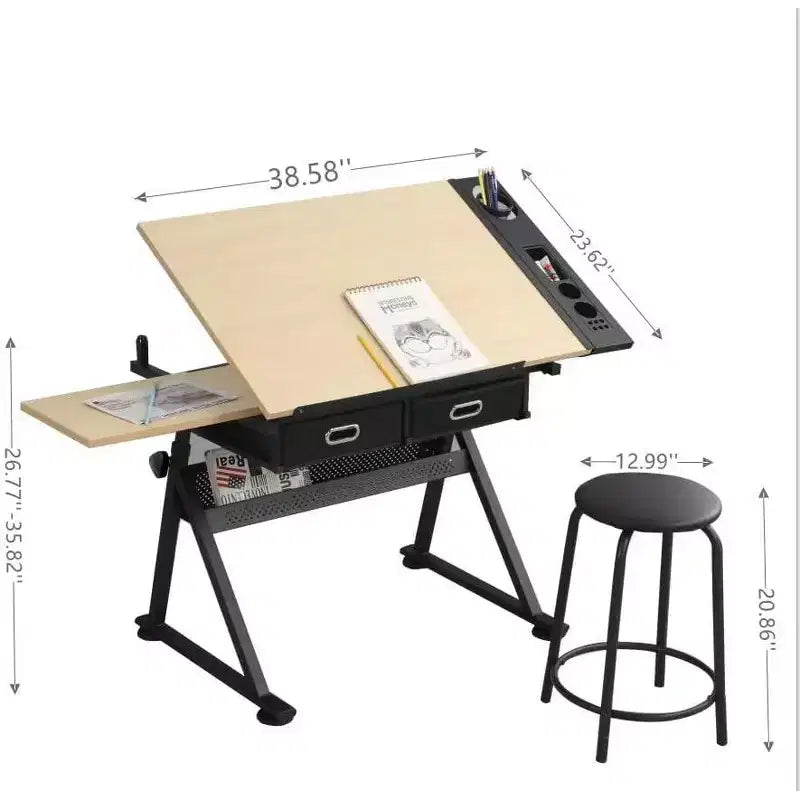 Table à dessin réglable en hauteur, table à dessin inclinable de 0 à 75° pour adultes, bureau d'artiste avec 2 tiroirs de rangement et tabouret pour bureau à domicile