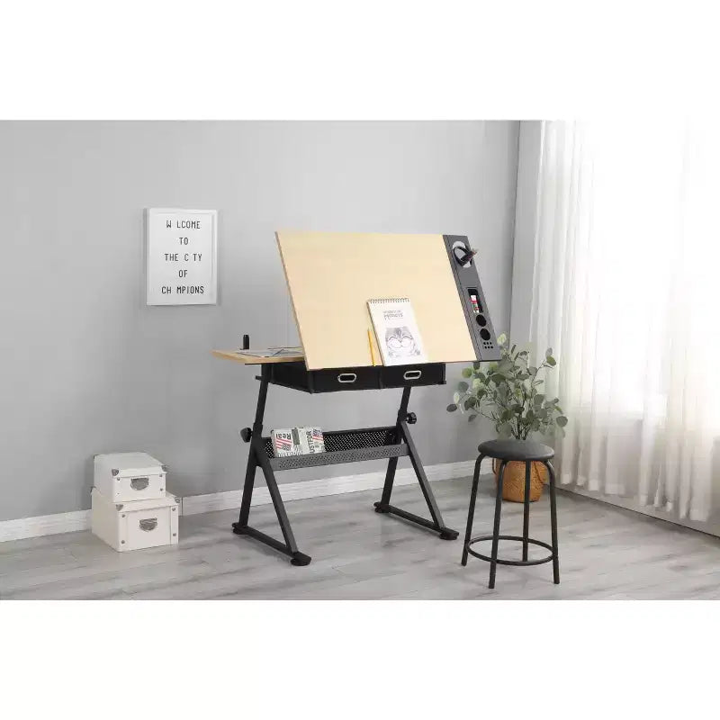 Table à dessin réglable en hauteur, table à dessin inclinable de 0 à 75° pour adultes, bureau d'artiste avec 2 tiroirs de rangement et tabouret pour bureau à domicile