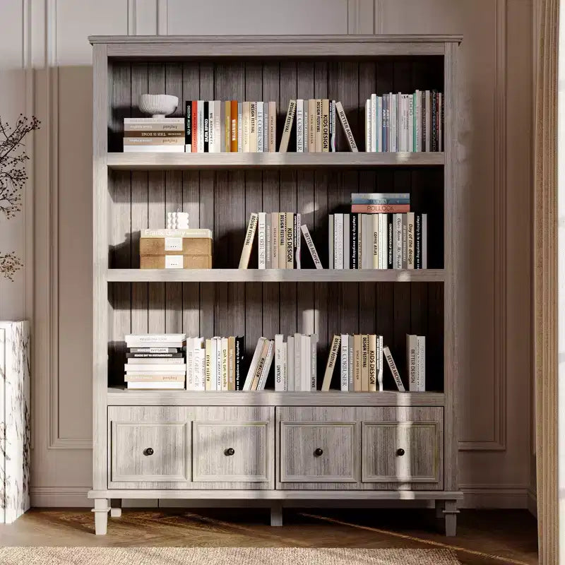 Famapy Light Gray Vintage Display Cabinet with Decorative Legs,Retro Bookcase with 3 Open Shelves+4 Drawers,Home Office Storage Hub