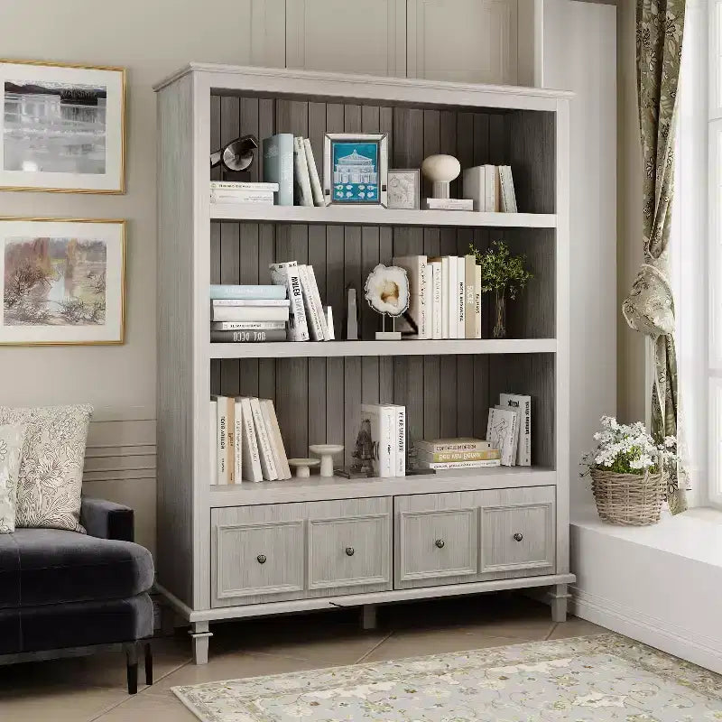 Vitrine Vintage Gris Clair avec Pieds Décoratifs, Bibliothèque Rétro avec 3 Étagères Ouvertes + 4 Tiroirs, Meuble de Rangement pour Bureau à Domicile