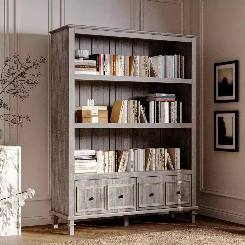 Vitrine Vintage Gris Clair avec Pieds Décoratifs, Bibliothèque Rétro avec 3 Étagères Ouvertes + 4 Tiroirs, Meuble de Rangement pour Bureau à Domicile