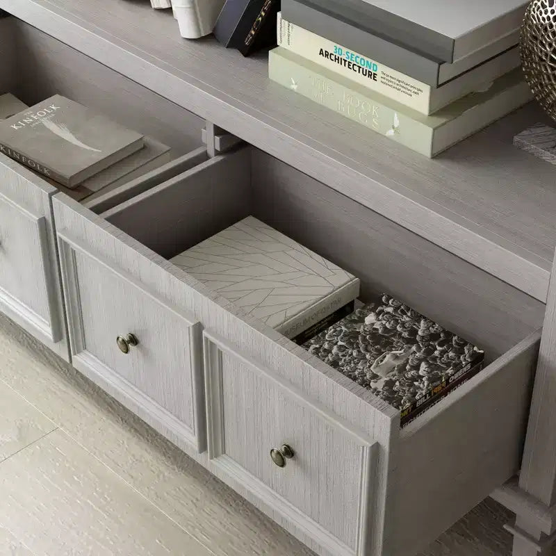 Vitrine Vintage Gris Clair avec Pieds Décoratifs, Bibliothèque Rétro avec 3 Étagères Ouvertes + 4 Tiroirs, Meuble de Rangement pour Bureau à Domicile