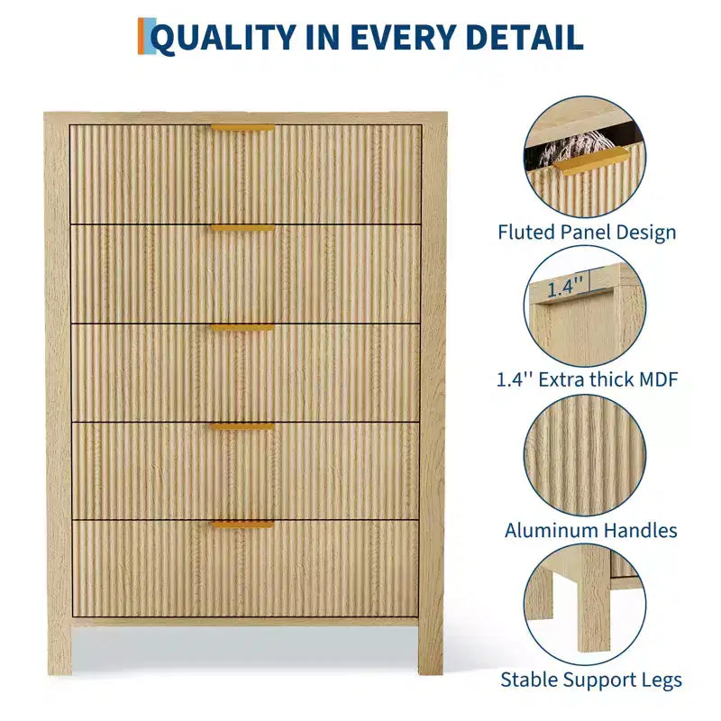 Commode flûtée à 5 tiroirs, commode étroite en bois de 45 po de hauteur pour petits espaces, commode de style ferme moderne pour chambre à coucher, chambre de bébé, appartement