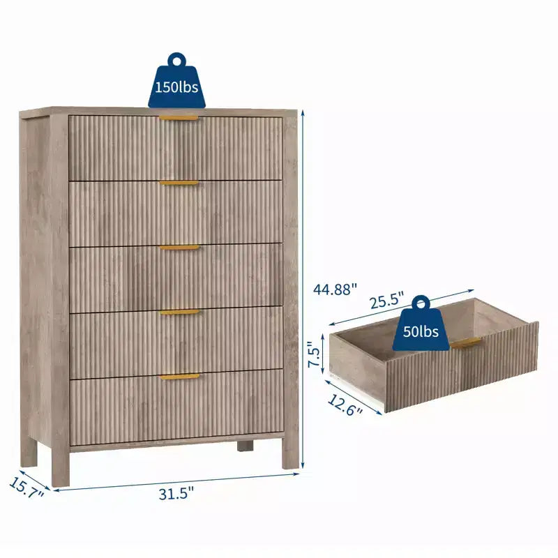 Commode flûtée à 5 tiroirs, commode étroite en bois de 45 po de hauteur pour petits espaces, commode de style ferme moderne pour chambre à coucher, chambre de bébé, appartement