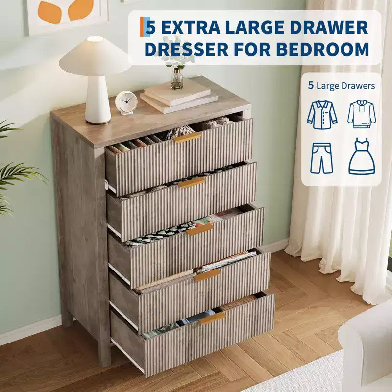 Commode flûtée à 5 tiroirs, commode étroite en bois de 45 po de hauteur pour petits espaces, commode de style ferme moderne pour chambre à coucher, chambre de bébé, appartement