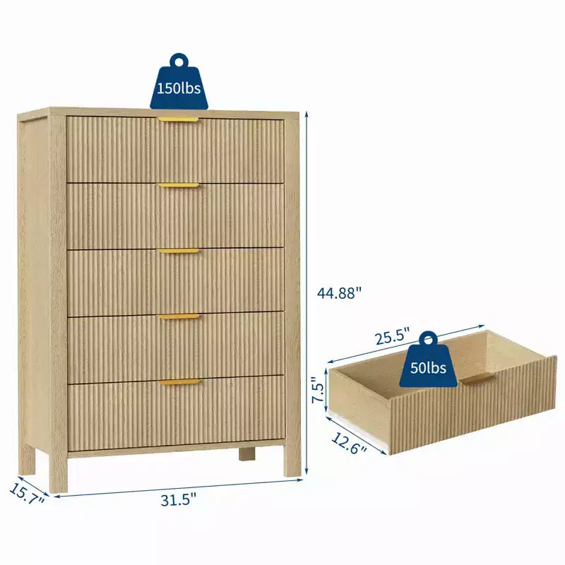 Commode flûtée à 5 tiroirs, commode étroite en bois de 45 po de hauteur pour petits espaces, commode de style ferme moderne pour chambre à coucher, chambre de bébé, appartement