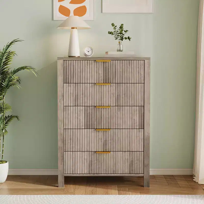 COZONY Fluted 5 Drawer Dresser, 45 Tall Slim Wooden Chest of Drawers for Small Spaces, Modern Farmhouse Dresser for Bedroom, Nursery, Apartment