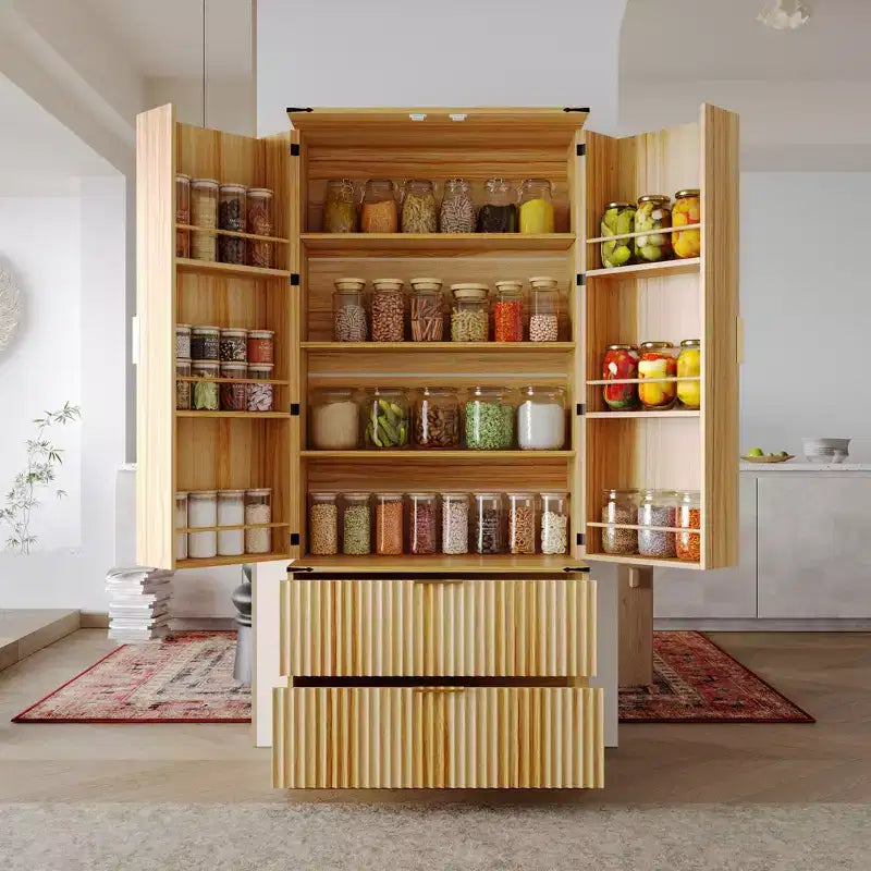 Famapy Wood - Tone Magnetic Door Kitchen Pantry Cabinet  Adjustable Shelves & Drawer Storage