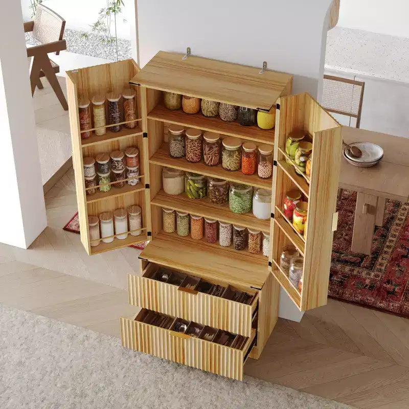 Garde-manger de cuisine en bois - Meuble à porte magnétique, étagères réglables et tiroir de rangement