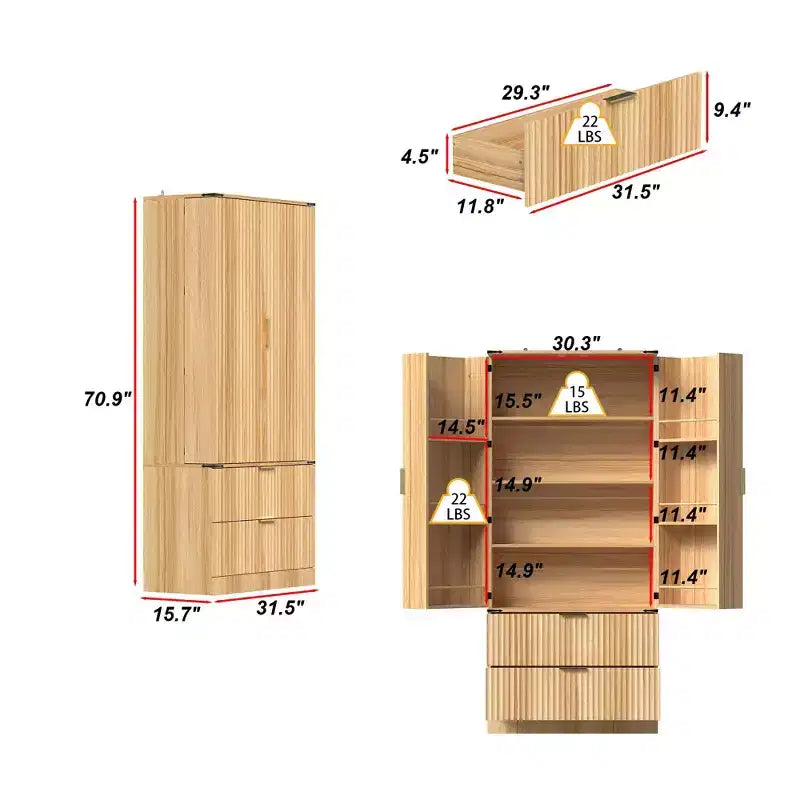 Garde-manger de cuisine en bois - Meuble à porte magnétique, étagères réglables et tiroir de rangement