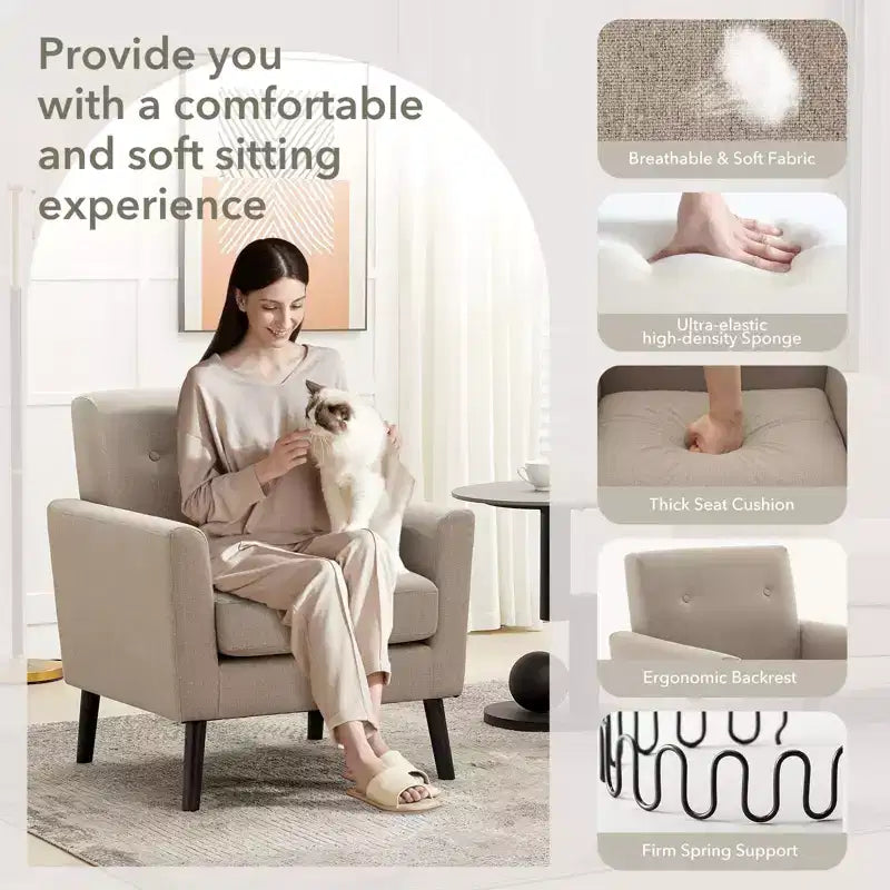 Fauteuil d'appoint, Fauteuil de salon moderne à dossier haut, Fauteuil de lecture en tissu de lin, Fauteuil simple confortable, Coussin haute résilience