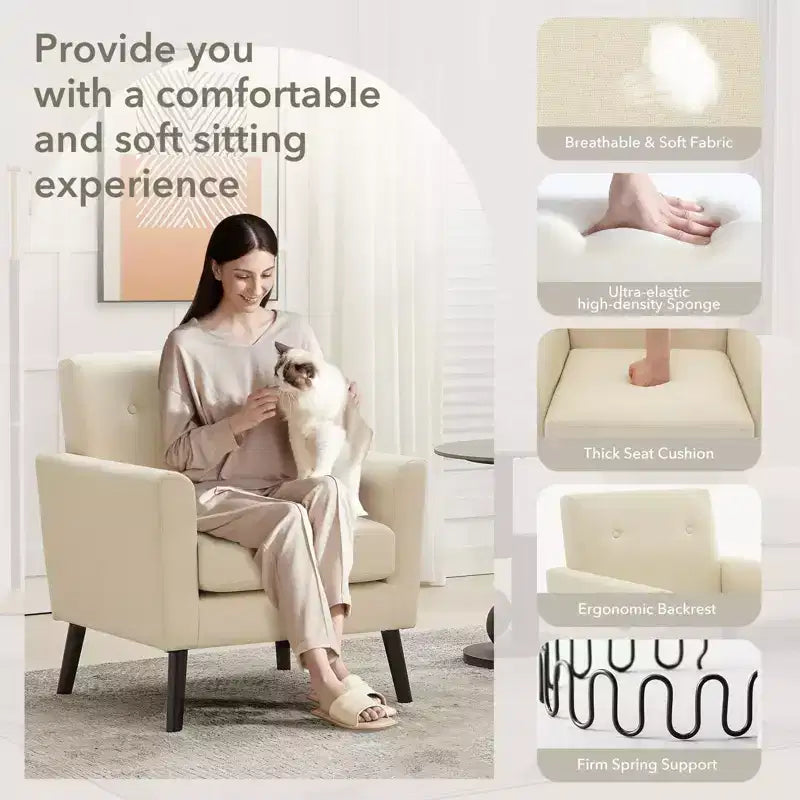 Fauteuil d'appoint, Fauteuil de salon moderne à dossier haut, Fauteuil de lecture en tissu de lin, Fauteuil simple confortable, Coussin haute résilience