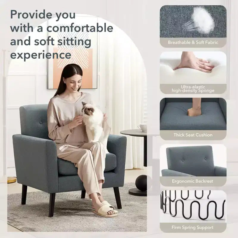 Fauteuil d'appoint, Fauteuil de salon moderne à dossier haut, Fauteuil de lecture en tissu de lin, Fauteuil simple confortable, Coussin haute résilience