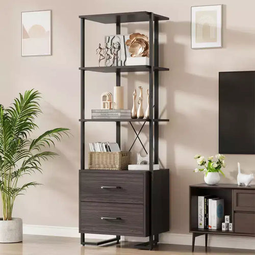 3 Tier Bookshelf, Book Shelf Storage Organizer, Wood Bookcase with 2 Drawers, Industrial Display Standing Shelf for Office Bedroom Living Room, Brown