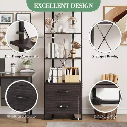Étagère à 3 niveaux, Organisateur de rangement pour livres, Bibliothèque en bois avec 2 tiroirs, Étagère de présentation industrielle pour bureau, chambre à coucher, salon, Marron