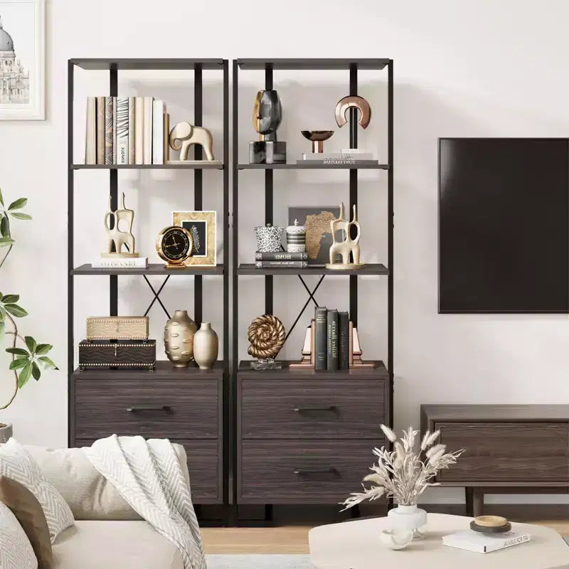 Étagère à 3 niveaux, Organisateur de rangement pour livres, Bibliothèque en bois avec 2 tiroirs, Étagère de présentation industrielle pour bureau, chambre à coucher, salon, Marron
