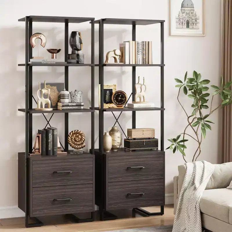 Étagère à 3 niveaux, Organisateur de rangement pour livres, Bibliothèque en bois avec 2 tiroirs, Étagère de présentation industrielle pour bureau, chambre à coucher, salon, Marron