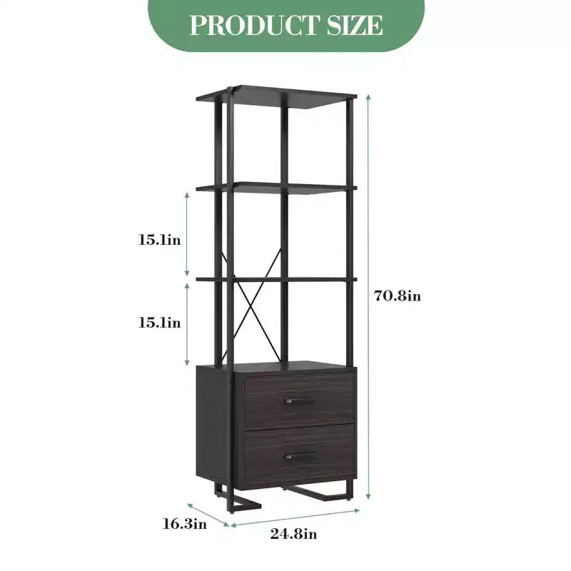 Étagère à 3 niveaux, Organisateur de rangement pour livres, Bibliothèque en bois avec 2 tiroirs, Étagère de présentation industrielle pour bureau, chambre à coucher, salon, Marron