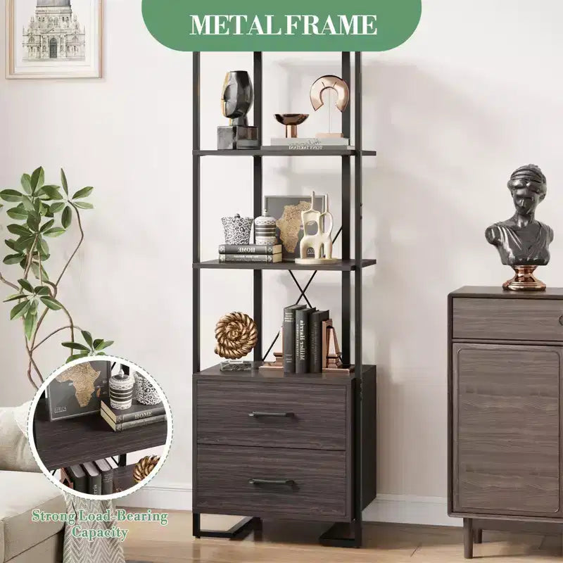 Étagère à 3 niveaux, Organisateur de rangement pour livres, Bibliothèque en bois avec 2 tiroirs, Étagère de présentation industrielle pour bureau, chambre à coucher, salon, Marron