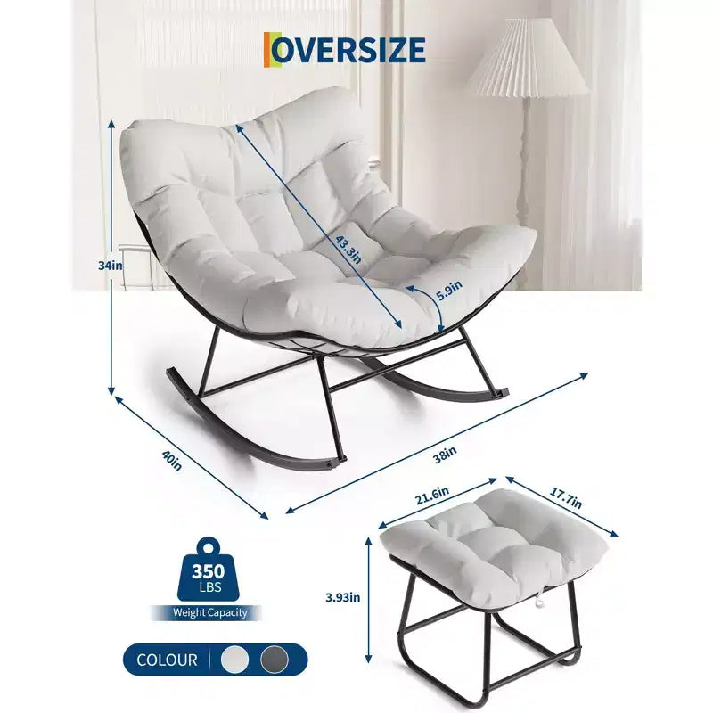 Fauteuil inclinable surdimensionné avec repose-pieds, Fauteuil à bascule d'extérieur avec pouf et cadre en métal robuste, Fauteuil à bascule en rotin en forme d'œuf pour patio