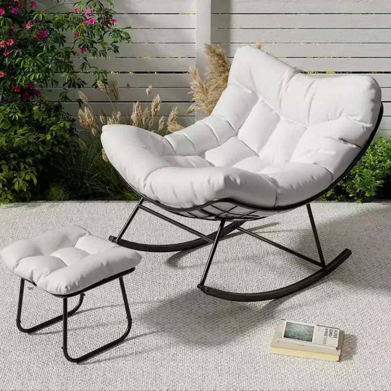 Fauteuil inclinable surdimensionné avec repose-pieds, Fauteuil à bascule d'extérieur avec pouf et cadre en métal robuste, Fauteuil à bascule en rotin en forme d'œuf pour patio