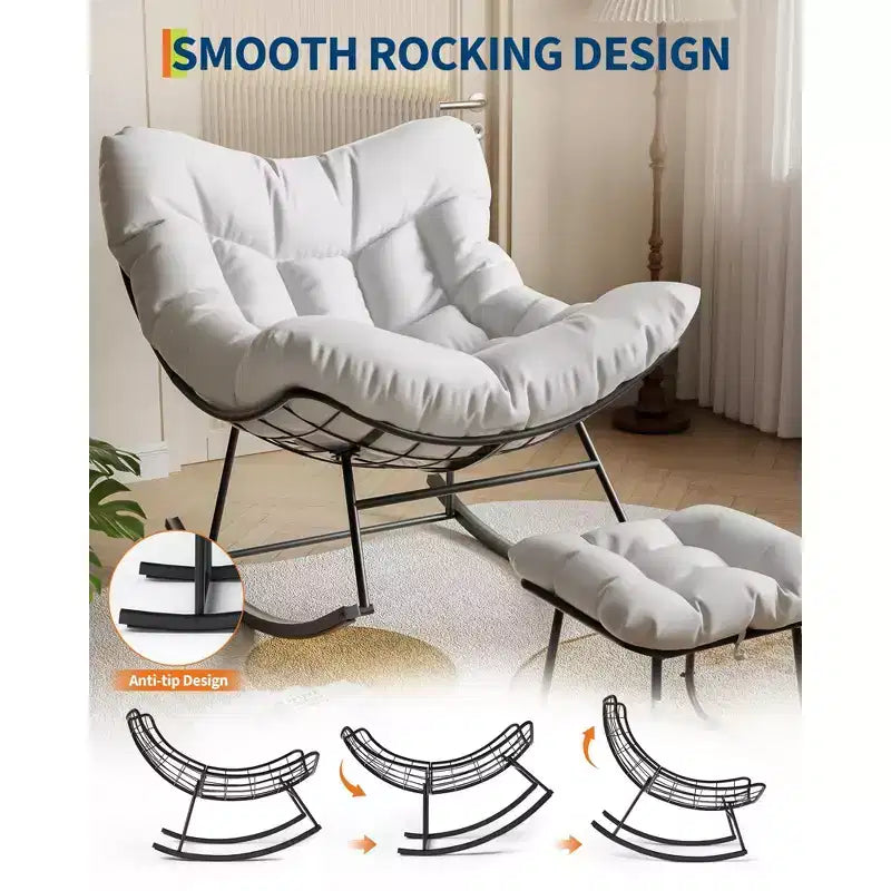 Fauteuil inclinable surdimensionné avec repose-pieds, Fauteuil à bascule d'extérieur avec pouf et cadre en métal robuste, Fauteuil à bascule en rotin en forme d'œuf pour patio