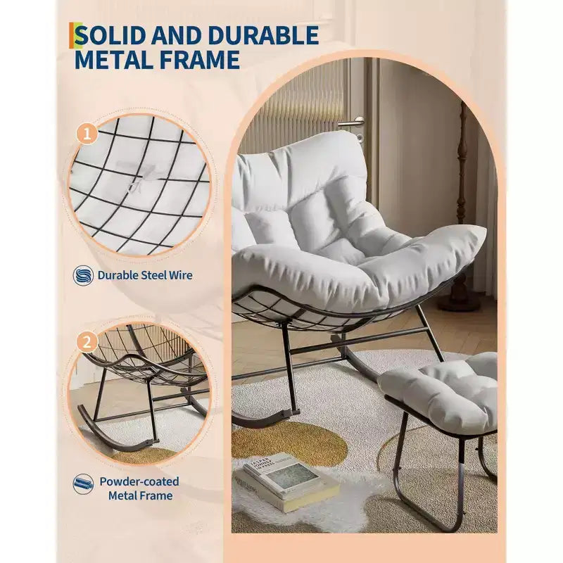 Fauteuil inclinable surdimensionné avec repose-pieds, Fauteuil à bascule d'extérieur avec pouf et cadre en métal robuste, Fauteuil à bascule en rotin en forme d'œuf pour patio