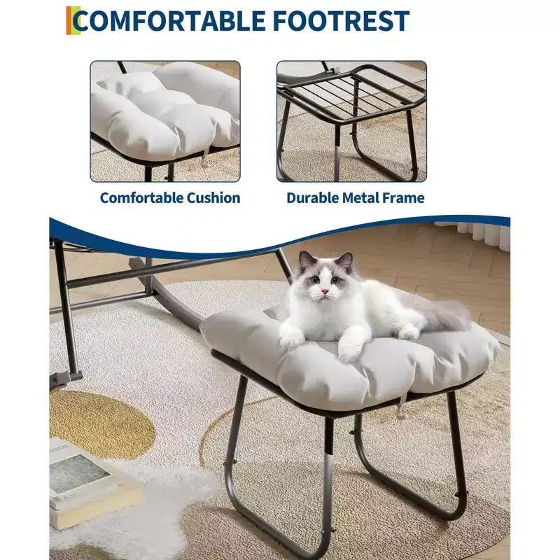 Fauteuil inclinable surdimensionné avec repose-pieds, Fauteuil à bascule d'extérieur avec pouf et cadre en métal robuste, Fauteuil à bascule en rotin en forme d'œuf pour patio