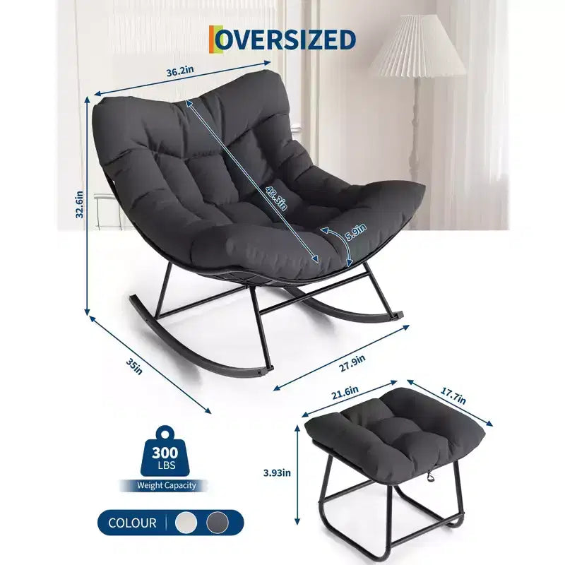 Fauteuil inclinable surdimensionné avec repose-pieds, Fauteuil à bascule d'extérieur avec pouf et cadre en métal robuste, Fauteuil à bascule en rotin en forme d'œuf pour patio