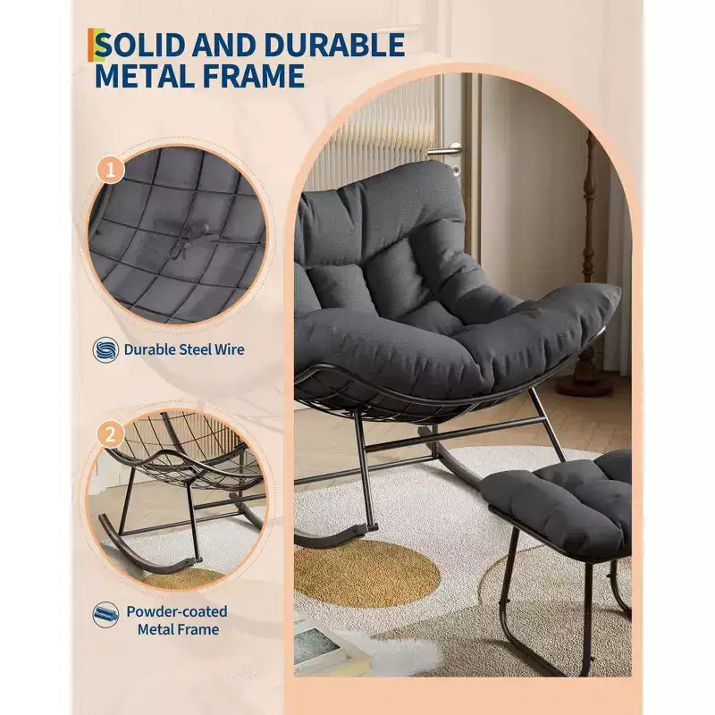 Fauteuil inclinable surdimensionné avec repose-pieds, Fauteuil à bascule d'extérieur avec pouf et cadre en métal robuste, Fauteuil à bascule en rotin en forme d'œuf pour patio