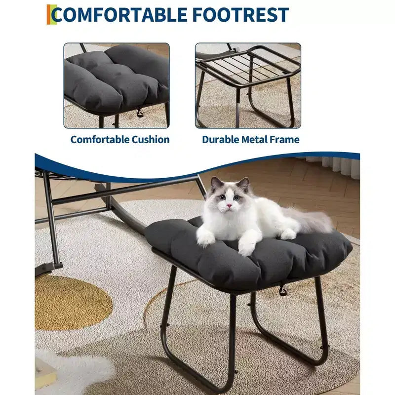 Fauteuil inclinable surdimensionné avec repose-pieds, Fauteuil à bascule d'extérieur avec pouf et cadre en métal robuste, Fauteuil à bascule en rotin en forme d'œuf pour patio