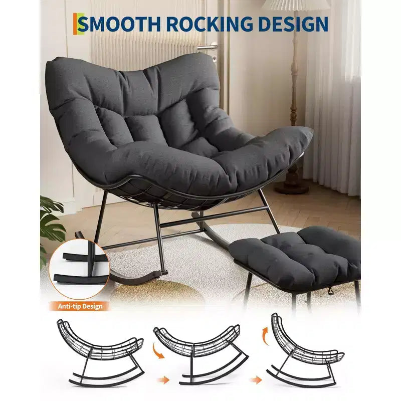 Fauteuil inclinable surdimensionné avec repose-pieds, Fauteuil à bascule d'extérieur avec pouf et cadre en métal robuste, Fauteuil à bascule en rotin en forme d'œuf pour patio