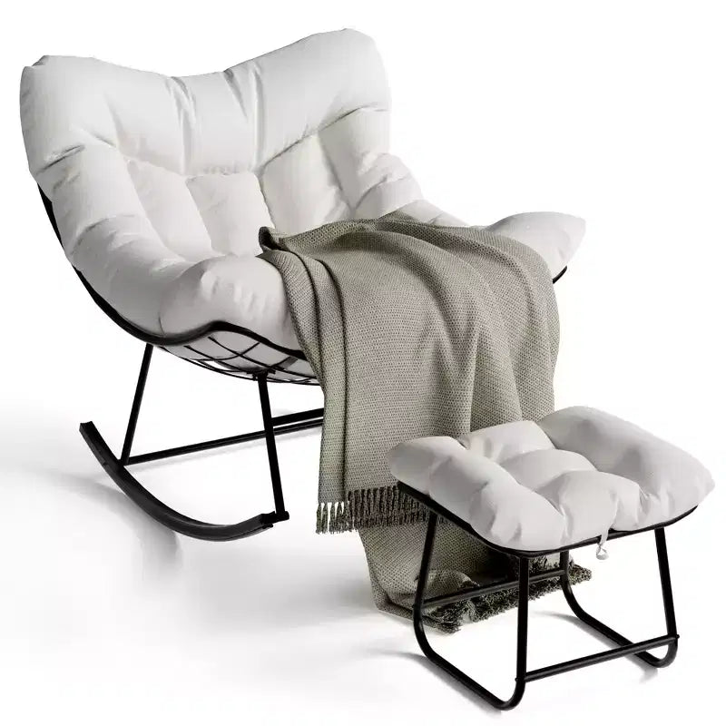 Fauteuil inclinable surdimensionné avec repose-pieds, Fauteuil à bascule d'extérieur avec pouf et cadre en métal robuste, Fauteuil à bascule en rotin en forme d'œuf pour patio